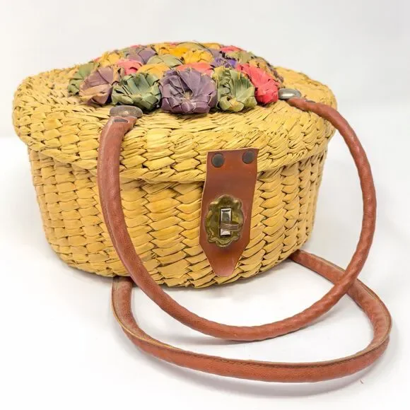 Vintage Woven Straw Sewing Basket Floral Lid Leather Handle Round Boho Bag - Picture 3 of 11